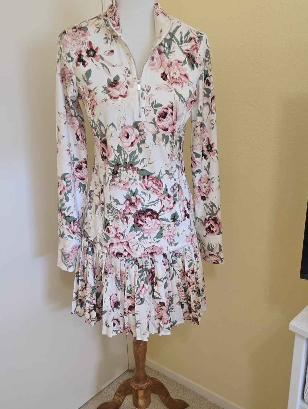 Laura Ashley White Floral Long-Sleeve Zip Dress with Pink Roses